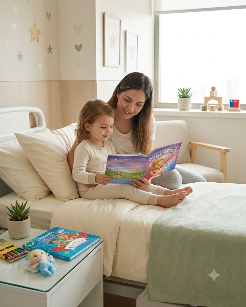 Madre e hija leyendo juntas el cuento Corazón Celeste en una habitación de clínica para acompañar cardiopatías congénitas