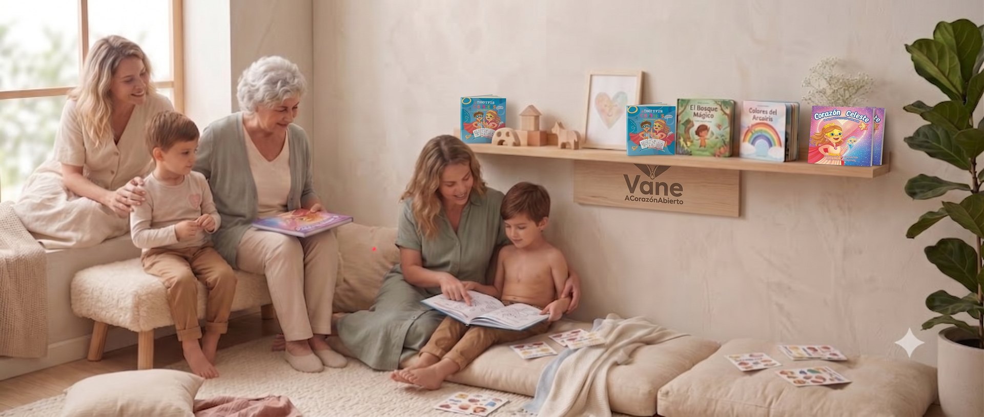 Mamás, abuela y niños leyendo juntos los cuentos de Vane a Corazón Abierto en casa